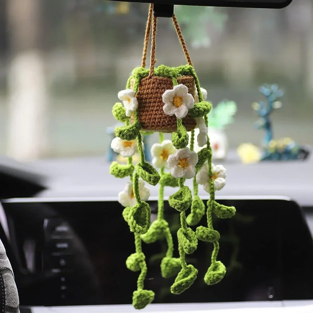 Handmade Woven Daisy Flower Plant Vine Pot Knit Car Mirror Hanging Accessory - Picture 1 of 6